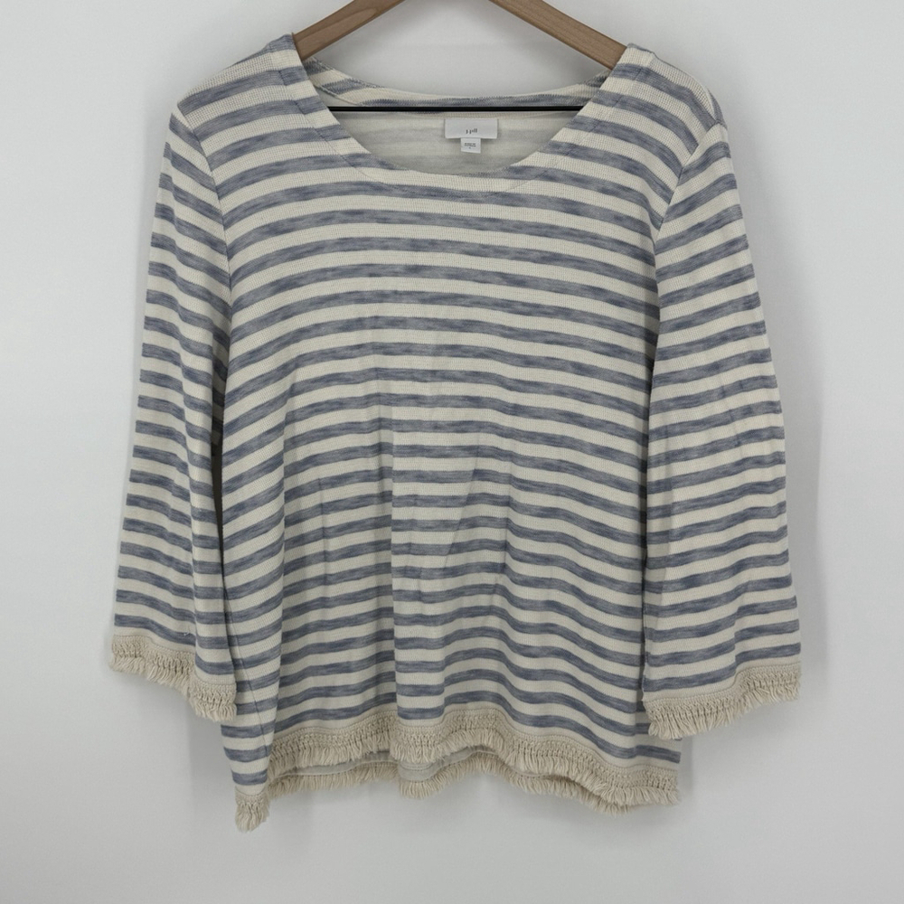 J. Jill Striped Fringe Top Large Blue Cream 3/4 Sleeves 100% Cotton